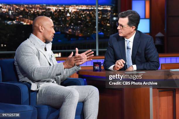 The Late Show with Stephen Colbert and guest Dwayne Johnson during Wednesday's July 11, 2018 show.