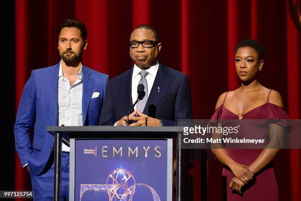 Ryan Eggold, Television Academy Chairman and CEO Hayma Washington, and Samira Wiley speak onstage during the 70th Emmy Awards Nominations...