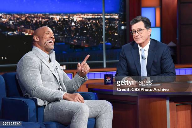 The Late Show with Stephen Colbert and guest Dwayne Johnson during Wednesday's July 11, 2018 show.