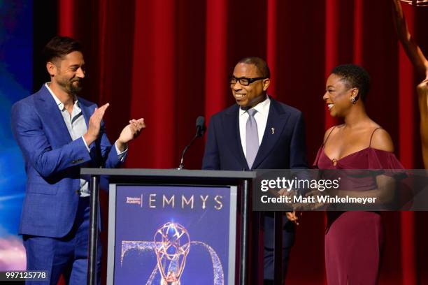 Ryan Eggold, Television Academy Chairman and CEO Hayma Washington, and Samira Wiley speak onstage during the 70th Emmy Awards Nominations...