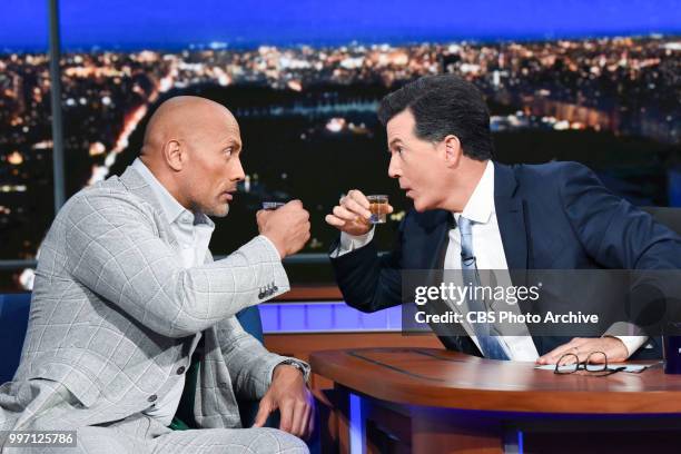 The Late Show with Stephen Colbert and guest Dwayne Johnson during Wednesday's July 11, 2018 show.