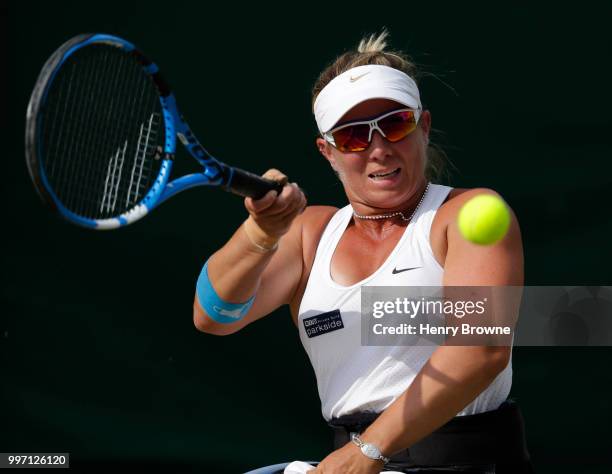 July 12: Lucy Shuker of Great Britain in action during the women's wheelchair quarter final against Aniek Van Koot of the Netherlands at the All...