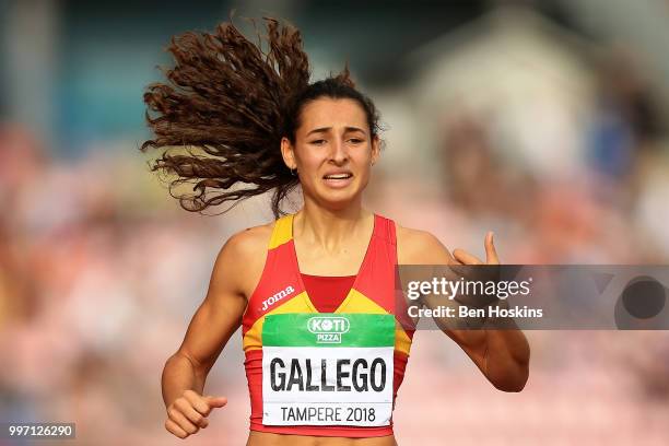 Sara Gallego of Spain gestures during heat 1 of the women 400m semi final on day three of The IAAF World U20 Championships on July 12, 2018 in...