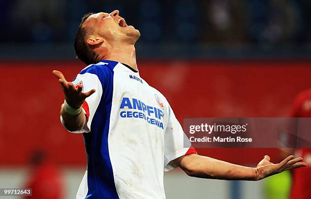 Enrico Kern of Rostock reacts during the Second Bundesliga play off leg two match between Hansa Rostock and FC Ingolstadt 04 at DKB Arena on May 17,...