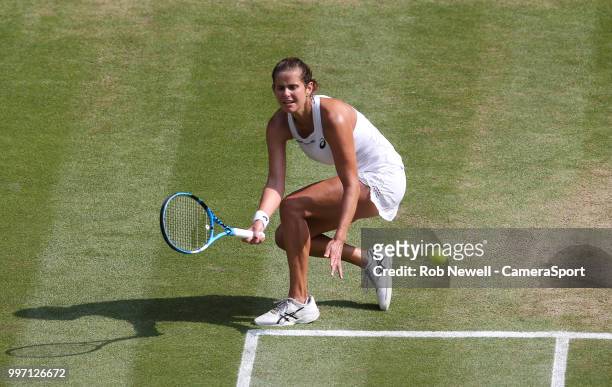 Julia Goerges during her defeat by Serena Williams in their Ladies' Semi-Final match at All England Lawn Tennis and Croquet Club on July 12, 2018 in...