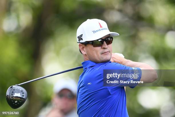 Zach Johnson hits his tee shot on the 15th hole during the first round of the John Deere Classic at TPC Deere Run on July 12, 2018 in Silvis,...