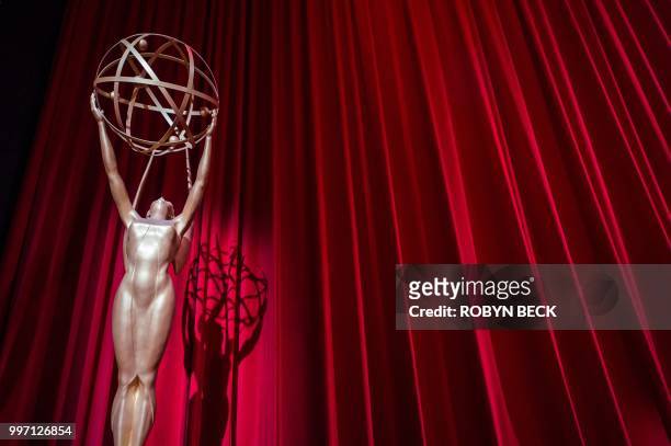The stage is set ahead of the nominations announcement for the 70th Emmy Awards on July 12, 2018 at the Television Academy's Wolf Theatre in North...