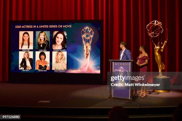 Ryan Eggold and Samira Wiley speak onstage during the 70th Emmy Awards Nominations Announcement at Saban Media Center on July 12, 2018 in North...