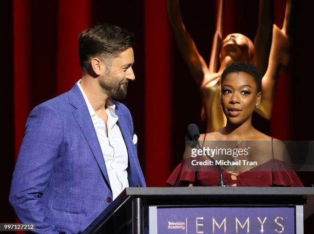 Ryan Eggold and Samira Wiley speak onstage during the 70th Emmy Awards nominations announcement held at Saban Media Center on July 12, 2018 in North...