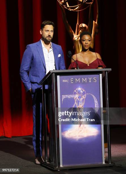 Ryan Eggold and Samira Wiley speak onstage during the 70th Emmy Awards nominations announcement held at Saban Media Center on July 12, 2018 in North...