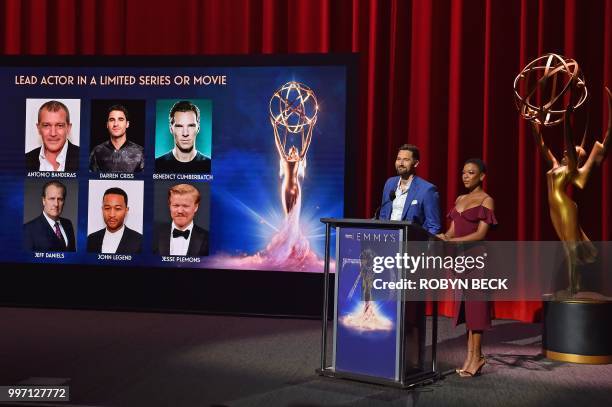 Actors Samira Wiley and Ryan Eggold speak on stage at the nominations announcement for the 70th Emmy Awards, July 12, 2018 at the Television...