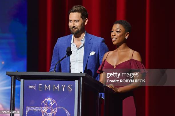 Actors Samira Wiley and Ryan Eggold speak on stage at the nominations announcement for the 70th Emmy Awards, July 12, 2018 at the Television...