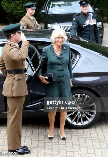 Camilla, Duchess of Cornwall visits the New Normandy Barracks on July 12, 2018 in Aldershot, England.