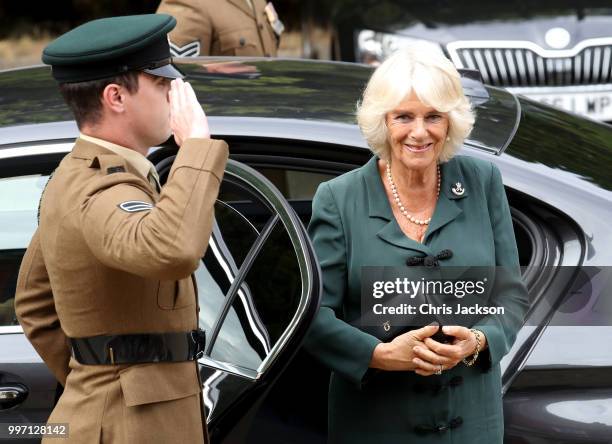 Camilla, Duchess of Cornwall visits the New Normandy Barracks on July 12, 2018 in Aldershot, England.