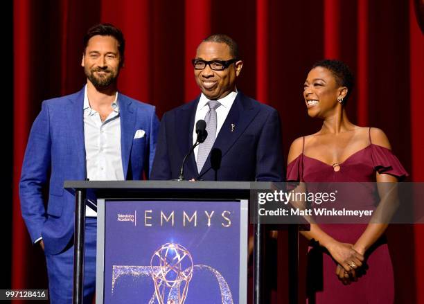 Ryan Eggold, Television Academy Chairman and CEO Hayma Washington, and Samira Wiley speak onstage during the 70th Emmy Awards Nominations...