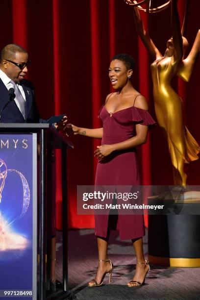 Television Academy Chairman and CEO Hayma Washington and Samira Wiley speak onstage during the 70th Emmy Awards Nominations Announcement at Saban...