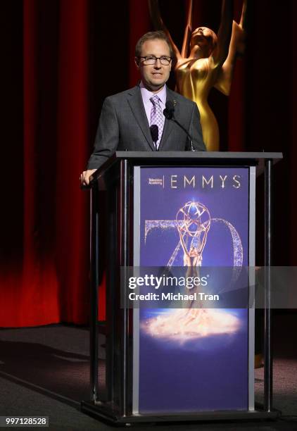 Maury McIntyre speaks onstage during the 70th Emmy Awards nominations announcement held at Saban Media Center on July 12, 2018 in North Hollywood,...