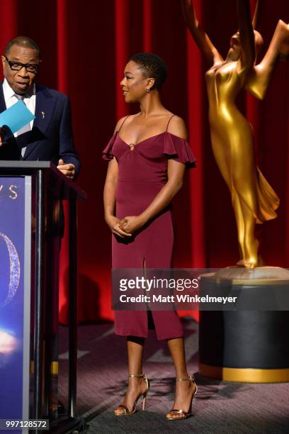 Television Academy Chairman and CEO Hayma Washington and Samira Wiley speak onstage during the 70th Emmy Awards Nominations Announcement at Saban...