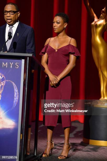 Television Academy Chairman and CEO Hayma Washington and Samira Wiley speak onstage during the 70th Emmy Awards Nominations Announcement at Saban...