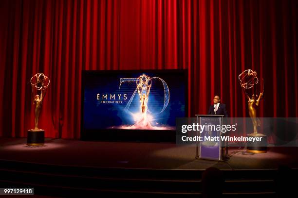 Television Academy Chairman and CEO Hayma Washington speaks onstage during the 70th Emmy Awards Nominations Announcement at Saban Media Center on...