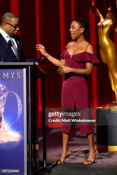 Television Academy Chairman and CEO Hayma Washington and Samira Wiley speak onstage during the 70th Emmy Awards Nominations Announcement at Saban...