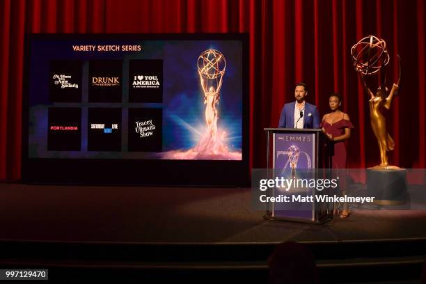 Ryan Eggold and Samira Wiley speak onstage during the 70th Emmy Awards Nominations Announcement at Saban Media Center on July 12, 2018 in North...