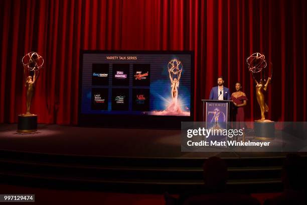 Ryan Eggold and Samira Wiley speak onstage during the 70th Emmy Awards Nominations Announcement at Saban Media Center on July 12, 2018 in North...