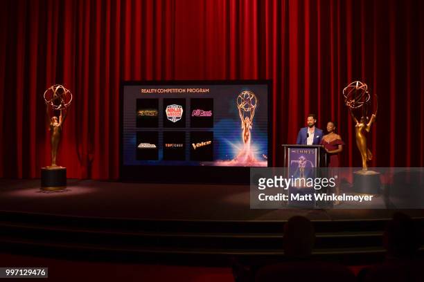 Ryan Eggold and Samira Wiley speak onstage during the 70th Emmy Awards Nominations Announcement at Saban Media Center on July 12, 2018 in North...