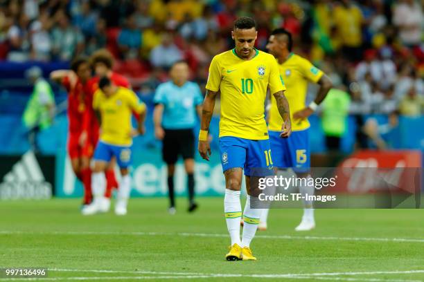 Neymar of Brazil looks dejected during the 2018 FIFA World Cup Russia Quarter Final match between Brazil and Belgium at Kazan Arena on July 6, 2018...