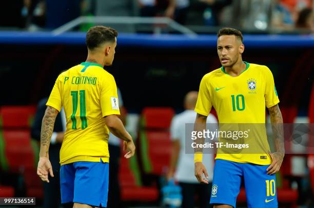 Phlippe Coutinho of Brazil speaks with Neymar of Brazil during the 2018 FIFA World Cup Russia Quarter Final match between Brazil and Belgium at Kazan...