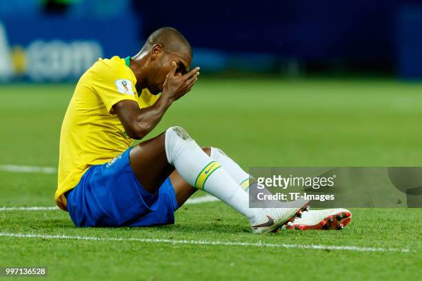 Fernandinho of Brazil lays on the ground during the 2018 FIFA World Cup Russia Quarter Final match between Brazil and Belgium at Kazan Arena on July...