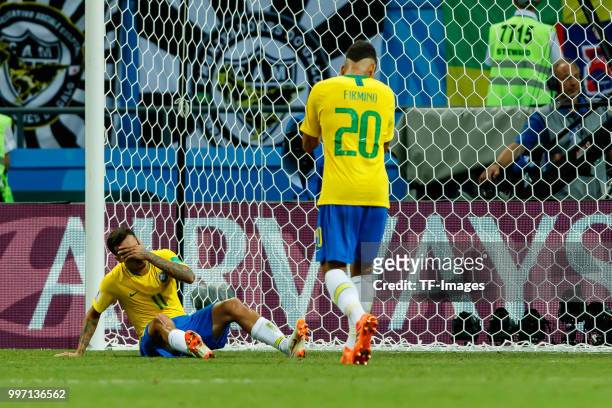 Phlippe Coutinho of Brazil looks dejected during the 2018 FIFA World Cup Russia Quarter Final match between Brazil and Belgium at Kazan Arena on July...