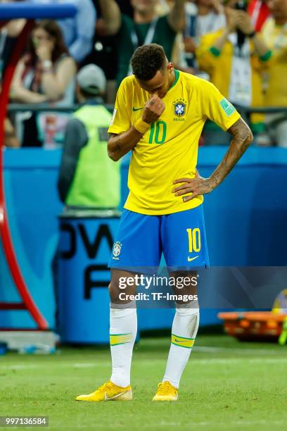 Neymar of Brazil looks dejected after the 2018 FIFA World Cup Russia Quarter Final match between Brazil and Belgium at Kazan Arena on July 6, 2018 in...