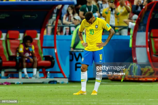 Neymar of Brazil looks dejected after the 2018 FIFA World Cup Russia Quarter Final match between Brazil and Belgium at Kazan Arena on July 6, 2018 in...