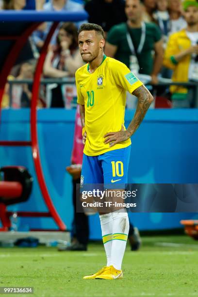 Neymar of Brazil looks dejected after the 2018 FIFA World Cup Russia Quarter Final match between Brazil and Belgium at Kazan Arena on July 6, 2018 in...