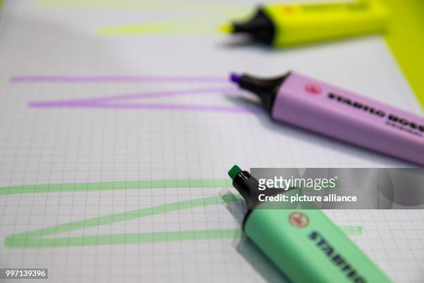 Highlighter pens made by stationary manufacturer Schwan-Stabilo at the company's stall at the Insights-X stationary trade fair in Nuremberg, Germany,...