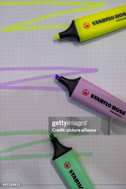 Highlighter pens made by stationary manufacturer Schwan-Stabilo at the company's stall at the Insights-X stationary trade fair in Nuremberg, Germany,...