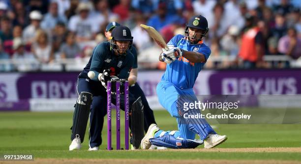 Shikhar Dhawan of India bats during the Royal London One-Day match between England and India at Trent Bridge on July 12, 2018 in Nottingham, England.