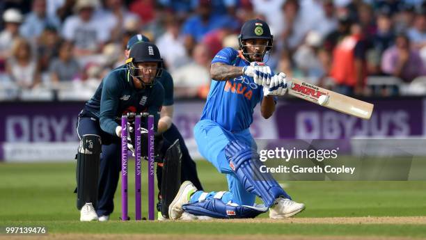 Shikhar Dhawan of India bats during the Royal London One-Day match between England and India at Trent Bridge on July 12, 2018 in Nottingham, England.