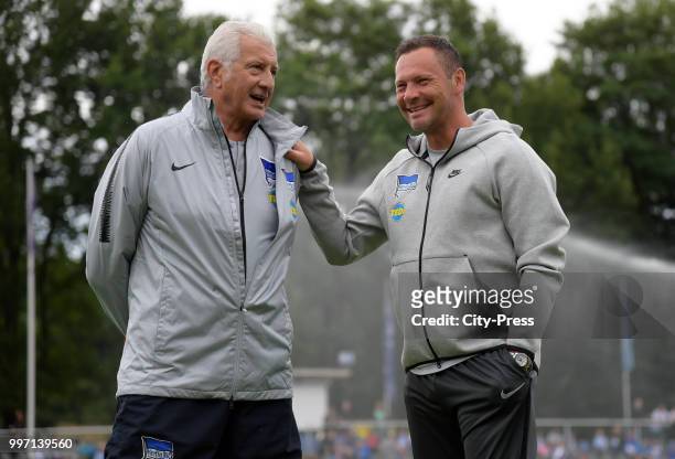 Team leader Nello di Martino and coach Pal Dardai of Hertha BSC before the game between MSV Neuruppin against Hertha BSC at the Volkspark-Stadion on...