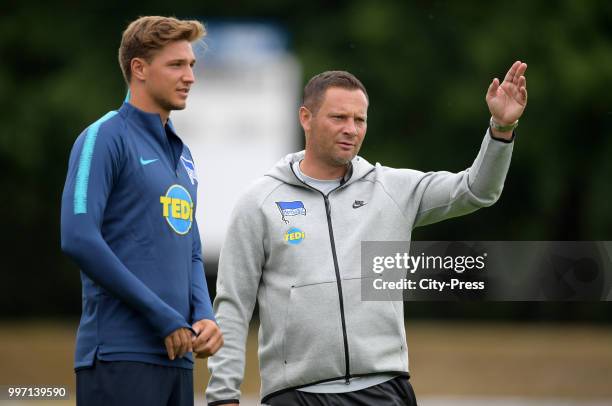 Niklas Stark and coach Pal Dardai of Hertha BSC before the game between MSV Neuruppin against Hertha BSC at the Volkspark-Stadion on july 12, 2018 in...