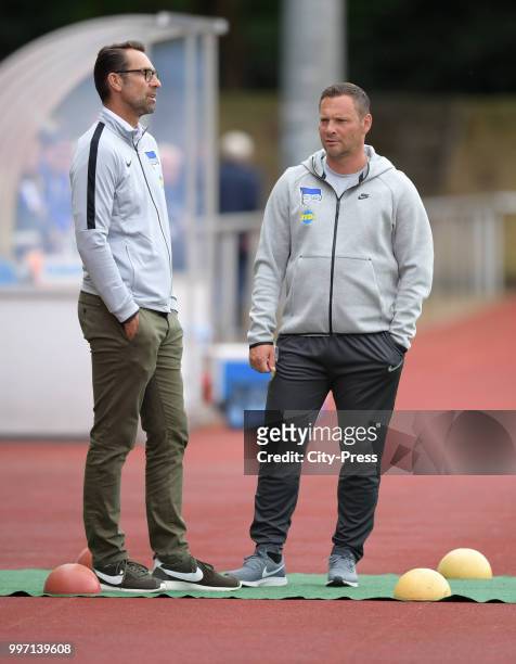 Michael Preetz and coach Pal Dardai of Hertha BSC before the game between MSV Neuruppin against Hertha BSC at the Volkspark-Stadion on july 12, 2018...