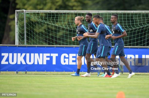 Alexander Esswein, Jordan Torunarigha, Davie Selke and Salomon Kalou of Hertha BSC before the game between MSV Neuruppin against Hertha BSC at the...