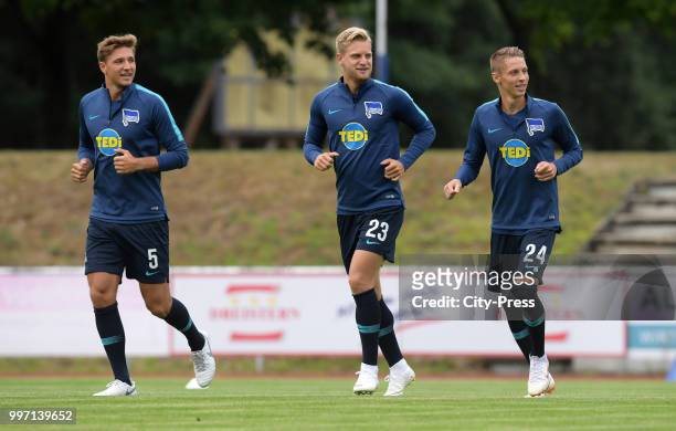 Niklas Stark, Arne Maier and Palko Dardai of Hertha BSC before the game between MSV Neuruppin against Hertha BSC at the Volkspark-Stadion on july 12,...