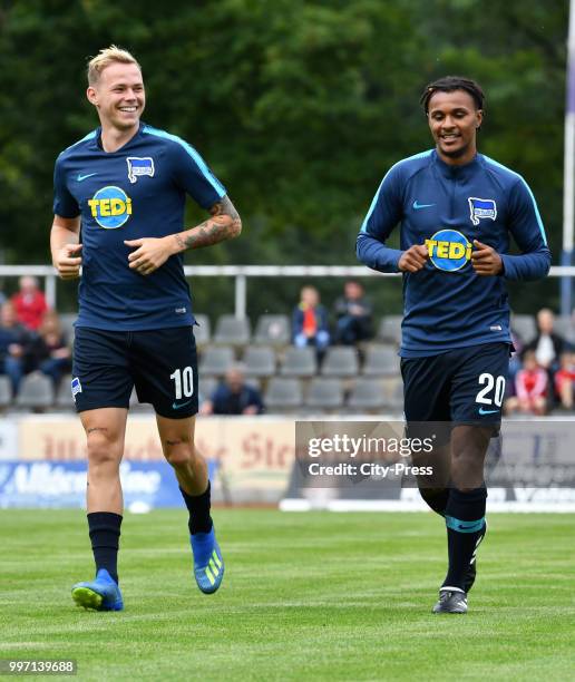 Ondrej Duda and Valentino Lazaro of Hertha BSC before the game between MSV Neuruppin against Hertha BSC at the Volkspark-Stadion on july 12, 2018 in...