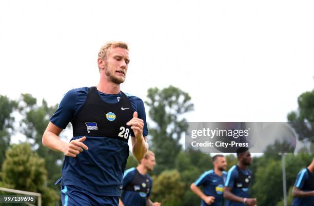 Fabian Lustenberger of Hertha BSC before the game between MSV Neuruppin against Hertha BSC at the Volkspark-Stadion on july 12, 2018 in Neuruppin,...