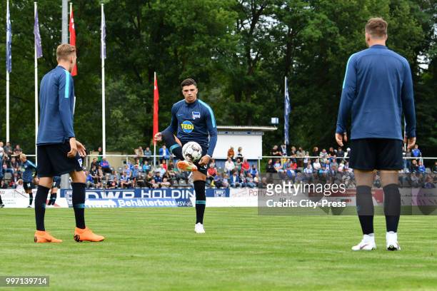 Florian Krebs, Nikos Zografakis and Pascal Koepke of Hertha BSC before the game between MSV Neuruppin against Hertha BSC at the Volkspark-Stadion on...