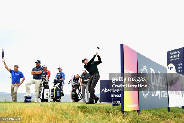 Matt Kuchar of USA takes his tee shot on hole fifteen during day one of the Aberdeen Standard Investments Scottish Open at Gullane Golf Course on...