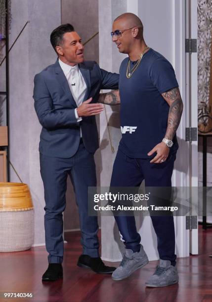 Jorge Bernal and Wisin are seen on the set of "Un Nuevo Dia" at Telemundo Center to promote the show "La Voz" on July 12, 2018 in Miami, Florida.