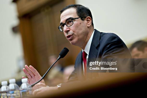 Steven Mnuchin, U.S. Treasury secretary, speaks during a House Financial Services Committee hearing in Washington, D.C., U.S., on Thursday, July 12,...